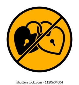 linked hearts, lock icon. not allowed, black object in warning sign with orange background color