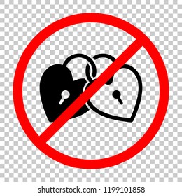 linked hearts, lock icon. Not allowed, black object in red warning sign with transparent background