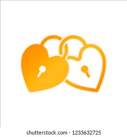 linked hearts, lock icon. Orange sign with low light on white background