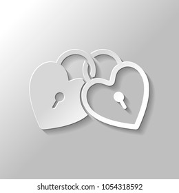 linked hearts, lock icon. Paper style with shadow on gray background