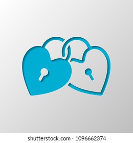 linked hearts, lock icon. Paper design. Cutted symbol with shadow