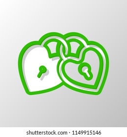 linked hearts, lock icon. Paper style. Cut symbol with green bold contour on shape and simple shadow