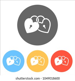 linked hearts, lock icon. Set of white icons on colored circles
