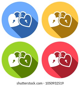 linked hearts, lock icon. Set of white icons with long shadow on blue, orange, green and red colored circles. Sticker style