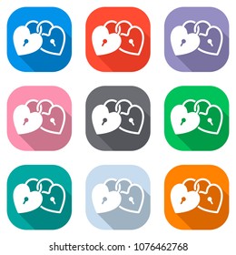 linked hearts, lock icon. Set of white icons on colored squares 