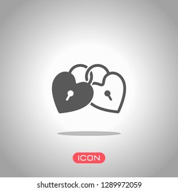 linked hearts, lock icon. Icon under spotlight. Gray background