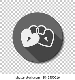 linked hearts, lock icon. White flat icon with long shadow in circle on transparent background