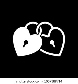 linked hearts, lock icon. White icon on black background. Inversion