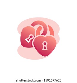 Linked hearts padlock flat icon, vector sign, Two heart shaped lock colorful pictogram isolated on white. Wedding, Love symbol, logo illustration. Flat style design