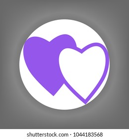 Linked love heart symbol. Vector. Violet icon on white circle with shadow at gray background.