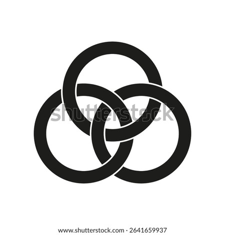 Linked ring trio. Interlaced circular form. Bold black vector. Geometric abstract figure.