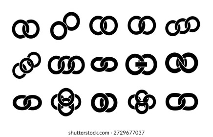 Conjunto de iconos de Vector de anillos vinculados y círculos entrelazados, Formas de símbolos de infinito negro para conexión y unión