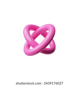 Linked torus 3D model icon. Pink rings connected in a chain. Coupled round geometric shapes vector render illustration isolated on white. Volumetric hole figures glossy surface. Realistic Brutalism