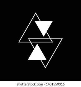 Linked Triangles. Abstract clean simple triangle logo vector design. Geometic business logo icon design template. Abstract sign constructed from interlinked triangles. Isolated on black background.