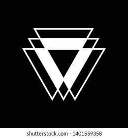 Linked Triangles. Abstract clean simple triangle logo vector design. Geometic business logo icon design template. Abstract sign constructed from interlinked triangles. Isolated on black background.