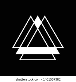 Linked Triangles. Abstract clean simple triangle logo vector design. Geometic business logo icon design template. Abstract sign constructed from interlinked triangles. Isolated on black background.
