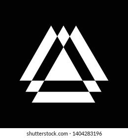 Linked Triangles. Abstract clean simple triangle logo vector design. Geometic business logo icon design template. Abstract sign constructed from interlinked triangles. Isolated on black background.