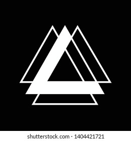 Linked Triangles. Abstract clean simple triangle logo vector design. Geometic business logo icon design template. Abstract sign constructed from interlinked triangles. Isolated on black background.