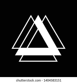 Linked Triangles. Abstract clean simple triangle logo vector design. Geometic business logo icon design template. Abstract sign constructed from interlinked triangles. Isolated on black background.
