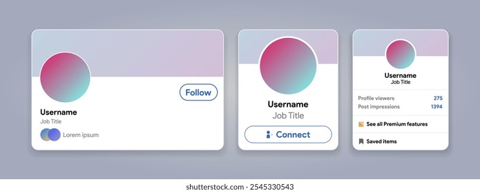 Linkedin account interface. Social media CV, portfolio of specialist. Career profile card with avatar and banner. Connect and follow user. Find a job or worker. Vector illustration.