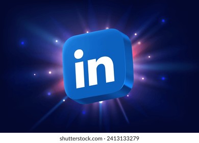 Linkedin app 3d icon on space background with rays. Application announement concept. Vector editorial illustration. TURKEY, FETHIYE, January 10, 2024 