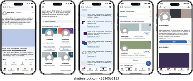 
Modelo de Interface do Usuário do Aplicativo Móvel do LinkedIn - Design de Interface do LinkedIn para Perfil de Usuário, Feed, Trabalhos, Notificações e Mensagens - Modelo de Telas de UX do Aplicativo do LinkedIn