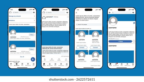 LinkedIn UI mockup template. LinkedIn profile, job feed, post layout, and connection request system for versatile design and user experience.