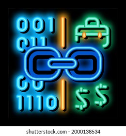 linking binary code to money neon light sign vector. Glowing bright icon linking binary code to money sign. transparent symbol illustration