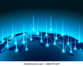 Linking entities global network connection. World map point and line composition.  networking, social media, connectivity, internet communication . blue background .light and shadow ,Vector
