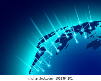 Linking entities global network connection. World map point and line composition.  networking, social media, connectivity, internet communication . blue background .light and shadow ,Vector