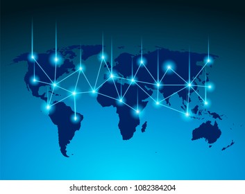 Linking entities global network connection. World map point and line composition.  networking, social media, connectivity, internet communication . blue background .light and shadow ,Vector