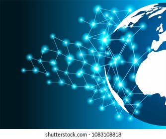 Conexión de redes globales de entidades de enlace. Composición de líneas y puntos del mapa mundial.  red, medios sociales, conectividad, comunicación en internet. fondo azul .light and shadow ,Vector