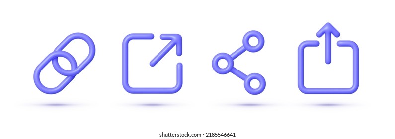 Vínculos 3d establecidos en fondo blanco. Enlace, vínculo compartido, icono de enlace externo conjunto 3d. Tecnología de Internet. Ilustración de vectores aislada