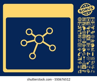 Links Calendar Page pictograph with bonus calendar and time management icon set. Vector illustration style is flat iconic symbols, yellow, blue background.