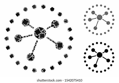Links diagram mosaic of inequal elements in variable sizes and shades, based on links diagram icon. Vector rough parts are combined into collage. Links diagram icons collage with dotted pattern.