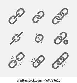 Links icon vector set isolated from the background in a flat style. Linking icons and broken links in chains for web sites and applications. 