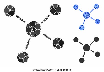 Links mosaic of circle elements in different sizes and color tints, based on links icon. Vector circle elements are composed into blue illustration. Dotted links icon in usual and blue versions.