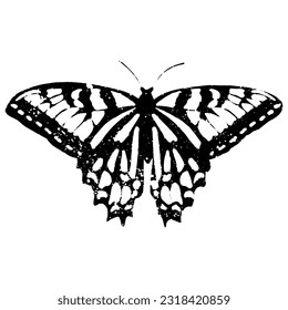 Lino cut butterfly silhouette. Hand made stamp for printing. Vector illustration isolated on white background