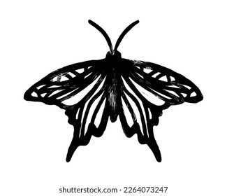 Lino cut butterfly silhouette. Wood cut moth. Hand made stamp for printing with natural texture. Vector illustration isolated on white background