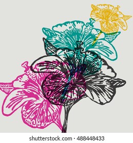 Lino cut  Hibiscus Flower on background. Vector Illustrated Hibiscus Flowers.