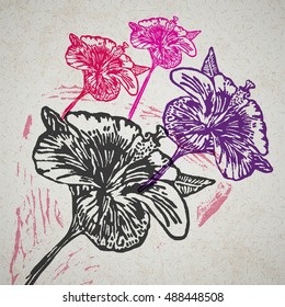 Lino cut  Hibiscus Flower on background. Vector Illustrated Hibiscus Flowers.