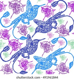 Lino cut Hummingbird background. Vector Illustrated tropical Hummingbird seamless pattern.