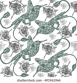 Lino cut Hummingbird background. Vector Illustrated tropical Hummingbird seamless pattern.