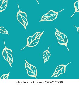 Lino cut style leaf seamless vector pattern background. Botanical vintage outline illustration style. Scattered yellow falling leaves on aqua blue backdrop. Stylish all over print for nature concept