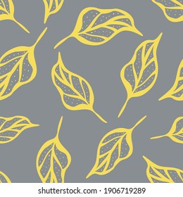 Lino cut style leaf seamless vector pattern background. Botanical vintage illustration style hand drawn line art falling leaves. Yellow grey backdrop. Stylish tossed multidirection all over print
