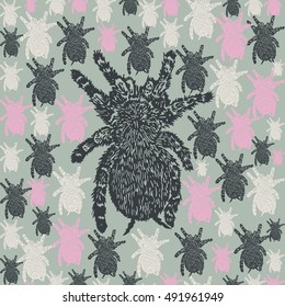 Lino cut Tarantula background. Vector Illustrated Tarantula spiders seamless pattern.
