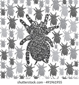 Lino cut Tarantula background. Vector Illustrated Tarantula spiders seamless pattern.