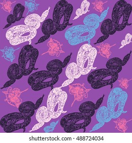 Lino cut tropical Boa Constrictor snake background. Vector Illustrated tropical Boa Constrictor snake seamless pattern.