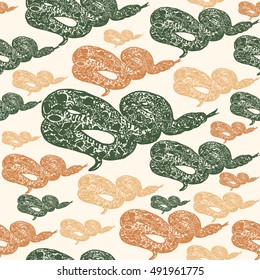 Lino cut tropical Boa Constrictor snake background. Vector Illustrated tropical Boa Constrictor snake seamless pattern.