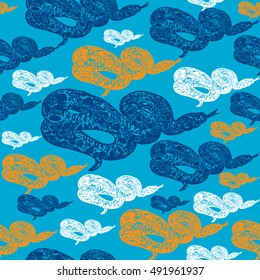 Lino cut tropical Boa Constrictor snake background. Vector Illustrated tropical Boa Constrictor snake seamless pattern.